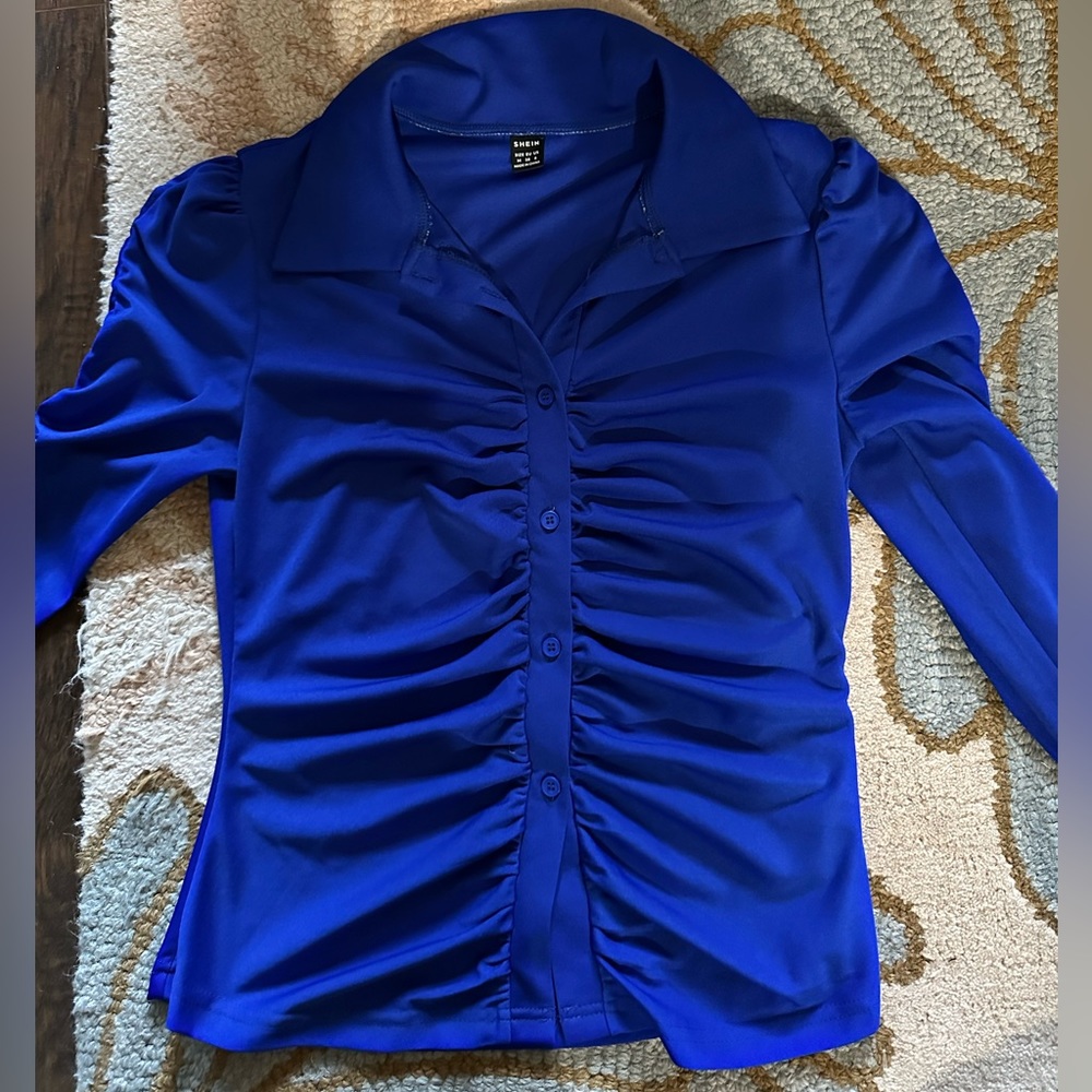 Blue Ruched Button Up